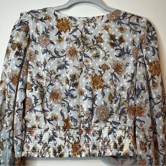JOIE Boho Floral Faux Wrap Clip Dot Flowy Cropped Elastic Blouse Top - Picture 11 of 12